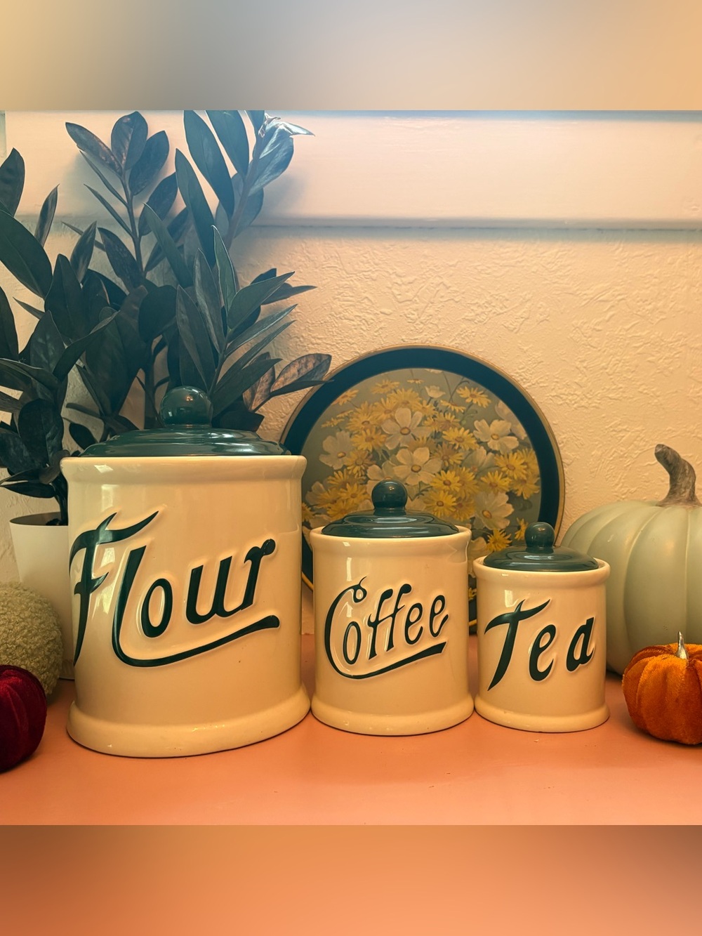 1970’s Cream and Green Ceramic Flour Coffee Tea Canister Set - Unbranded
